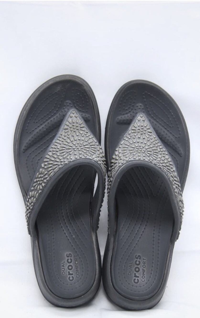 Crocs Monterey Diamante Sandals Womens Size 9 Black Stone Slip On Thong Wedge